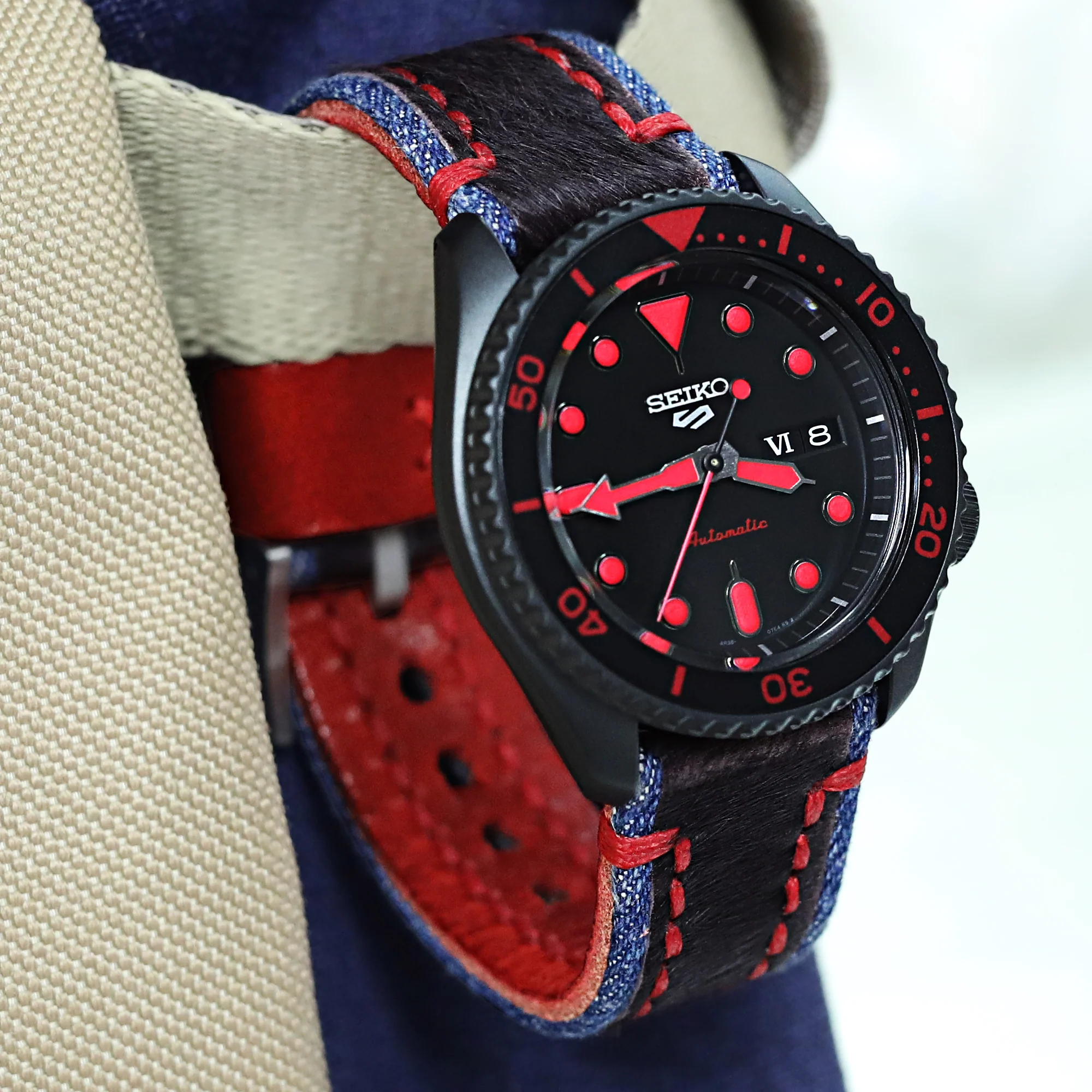 22mm MiLTAT Zizz Collection Brown Fur & Denim Watch Strap Red Wax Hand Stitching - Image 3