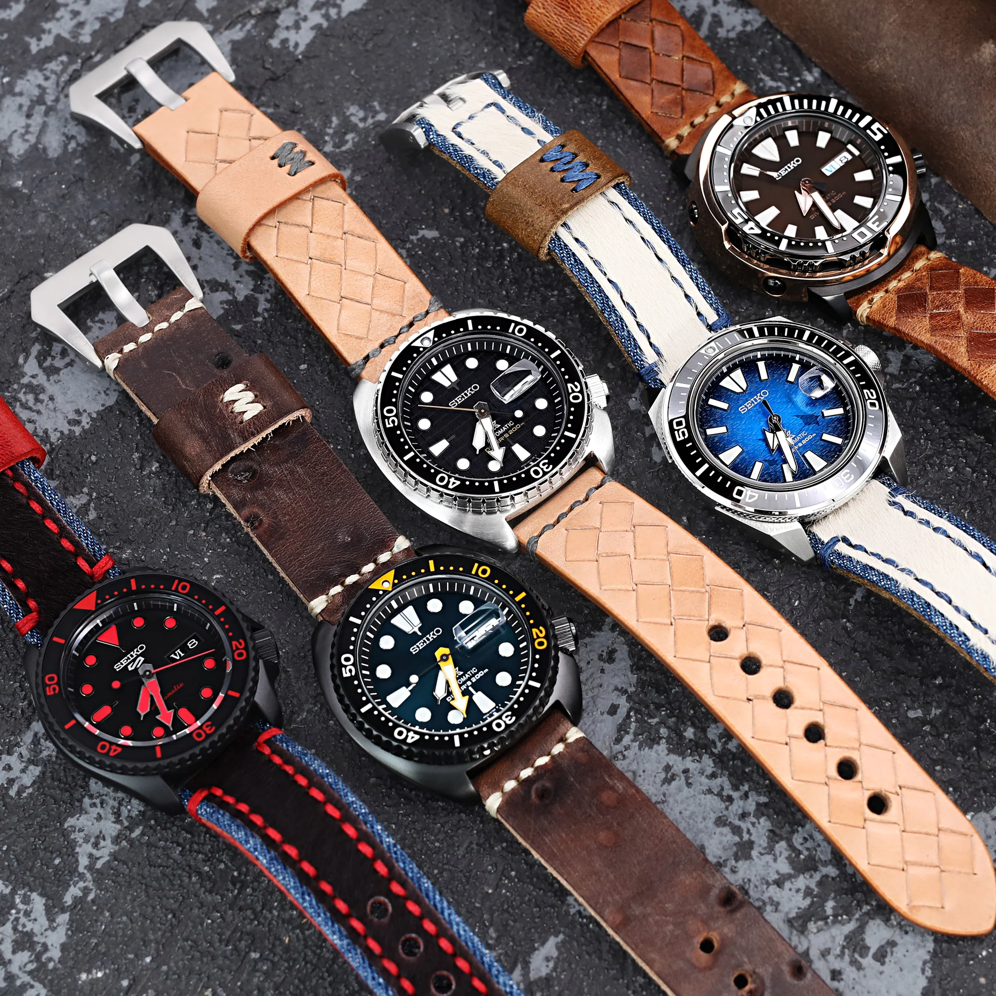 22mm MiLTAT Zizz Collection Brown Fur & Denim Watch Strap Red Wax Hand Stitching - Image 6