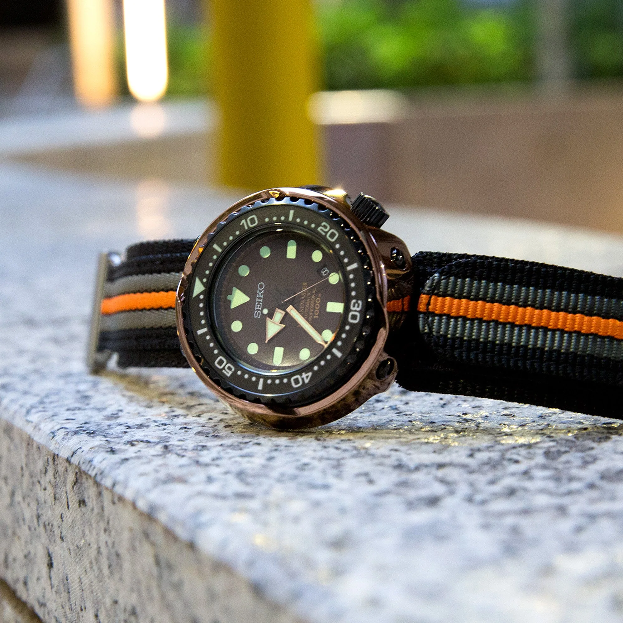 22mm MiLTAT Black, Khaki & Orange Stripes 3-D Nylon Hoop and loop Fastener Watch Strap, Sandblasted Buckle - Image 4