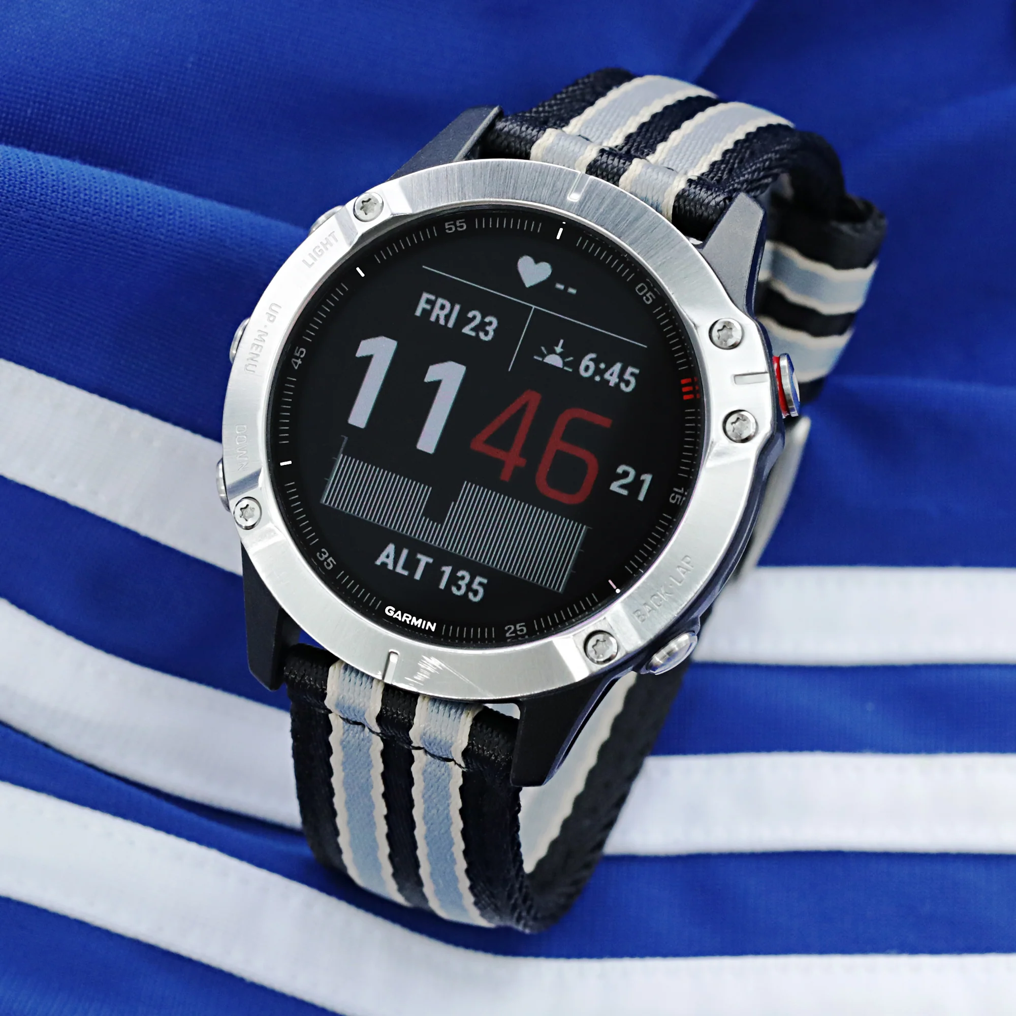 22mm 2-pcs Seatbelt Nylon Watch Band, Black, Grey and Khaki Stripes, Brushed Buckle - Image 5