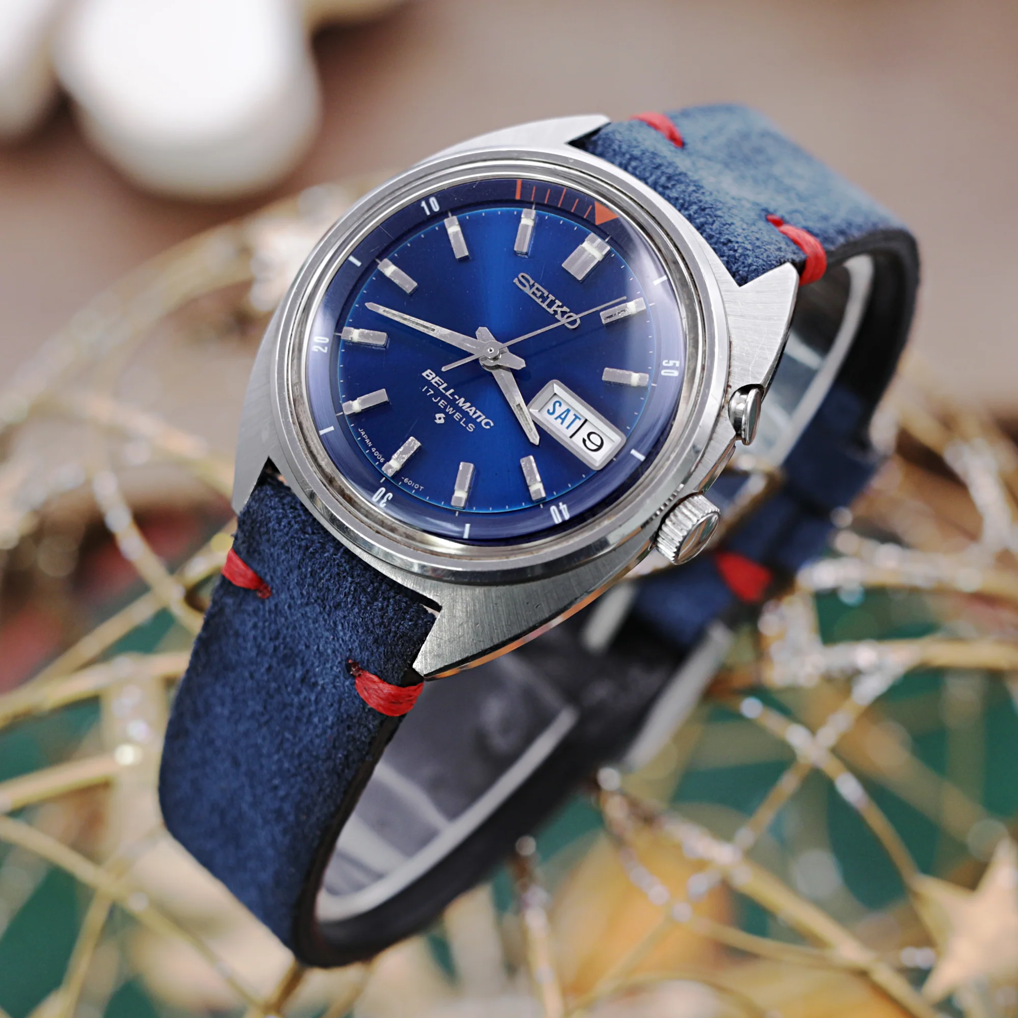Navy Blue 19mm, 20mm, 21mm, 22mm MiLTAT Quick Release Nubuck Leather Watch Strap, Red Stitching, Sandblasted - Image 5